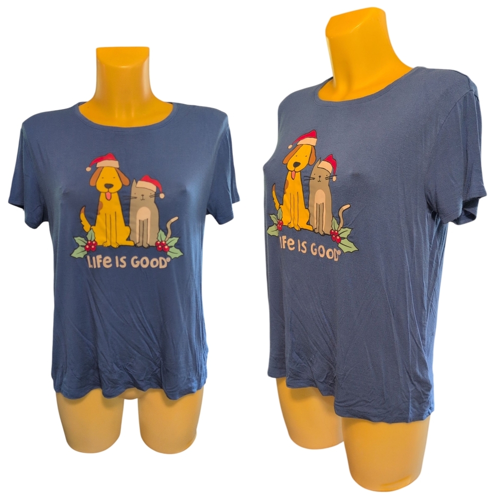 LIFE IS GOOD Blue Cat Dog Christmas Pajama Shirt